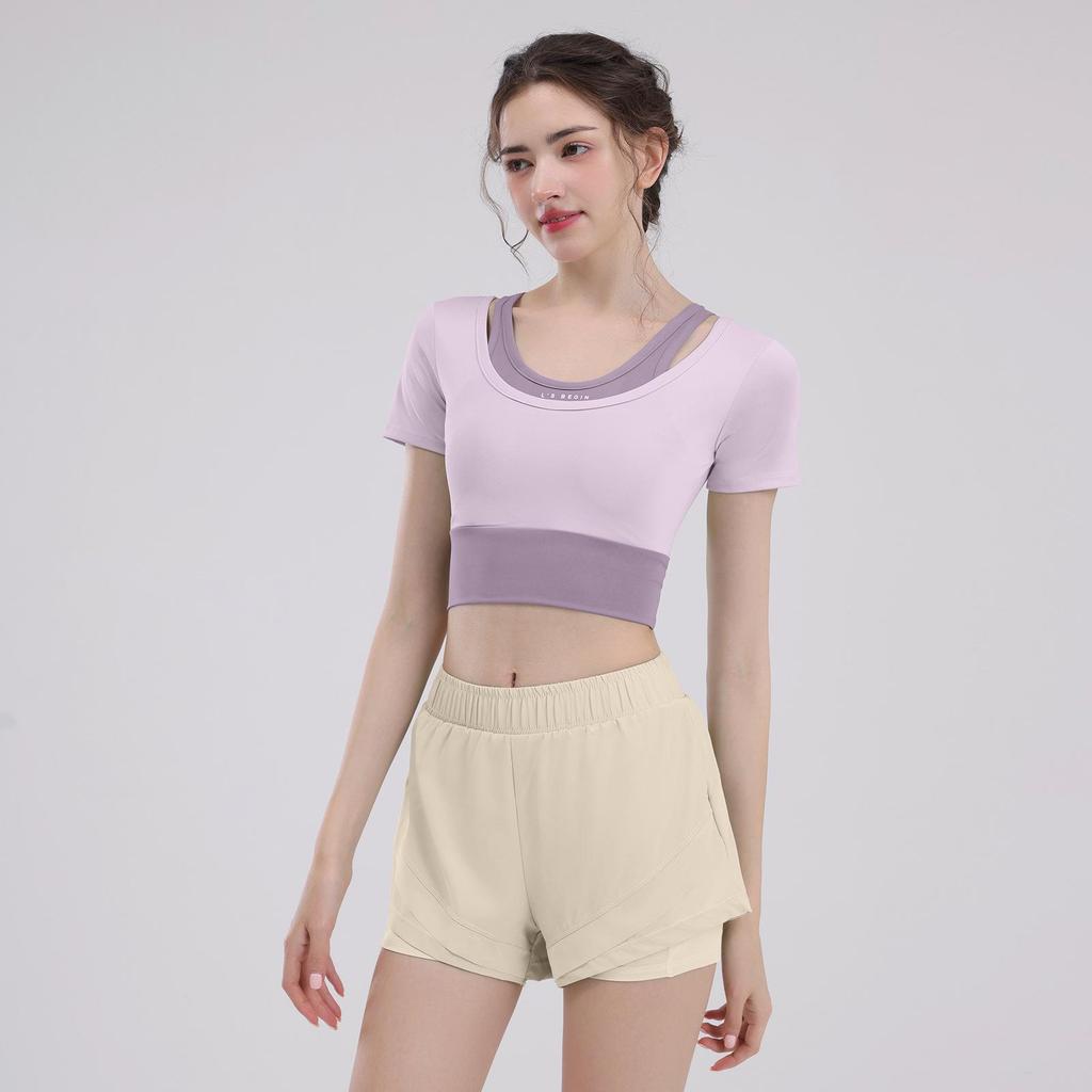 Women's Short Sleeve Yoga Set: Summer Style Workout Top with Chest Pad for Pilates, Training, and Running.