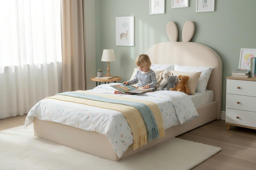 Rabbit Headboard Upholstered Bed, Children's Bed with Wooden Slats, Single Bed, Velvet, Beige, 90x200cm