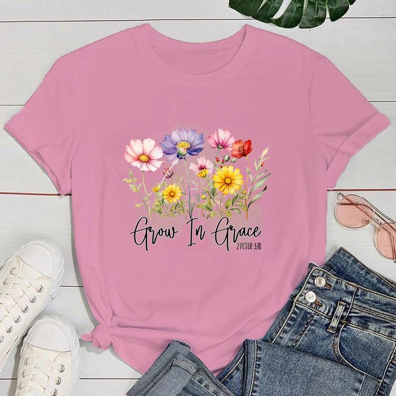Funny Flowers Grow In Grace Letter Printing T-Shirts For Women Summer Tee Shirt Femme Casual Short Sleeve