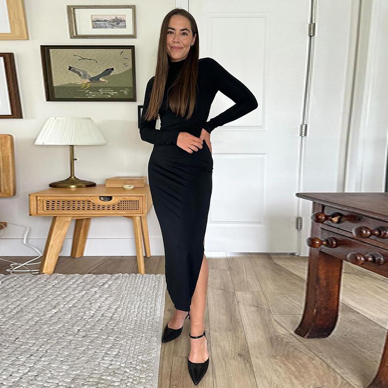 Sexy Mock Neck Side Split Long Dresses Women Slim Elegant Long Sleeved Package Hip Dress Spring Solid Evening Party Robes
