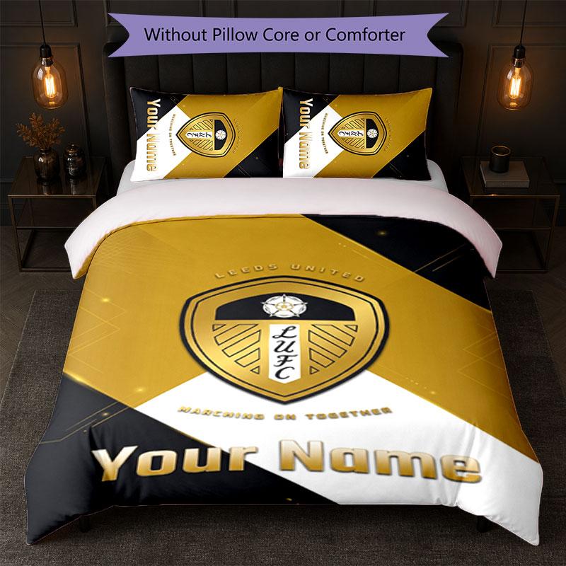 Leeds United Set Biancheria da Letto Personalizzato con Nome Testo 1 Copripiumino+2 Federe Logo Calcio Regalo Personalizzato per Occasione Speciale Decorazione Camera da Letto