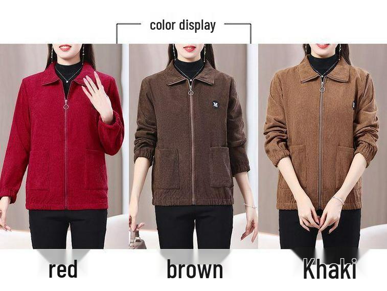 2025 Spring/Autumn Women's Plus Size Corduroy Jacket: Long Sleeve, Loose Fit, Zipper, Solid Color Cardigan