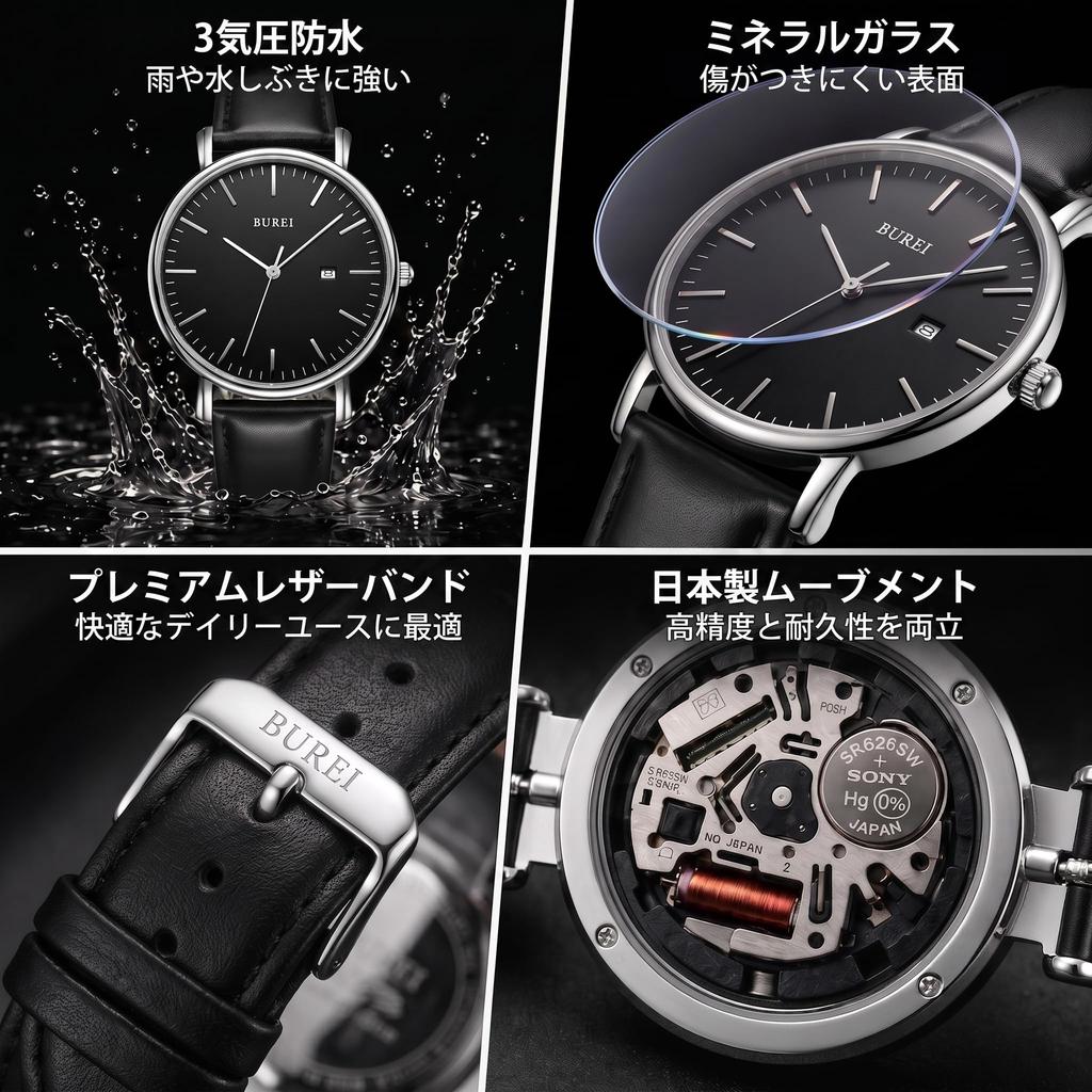 BUREI Men's Watch Made in Japan, Quartz, Simple, Stylish, Slim, Date Function, Water-Resistant, Black