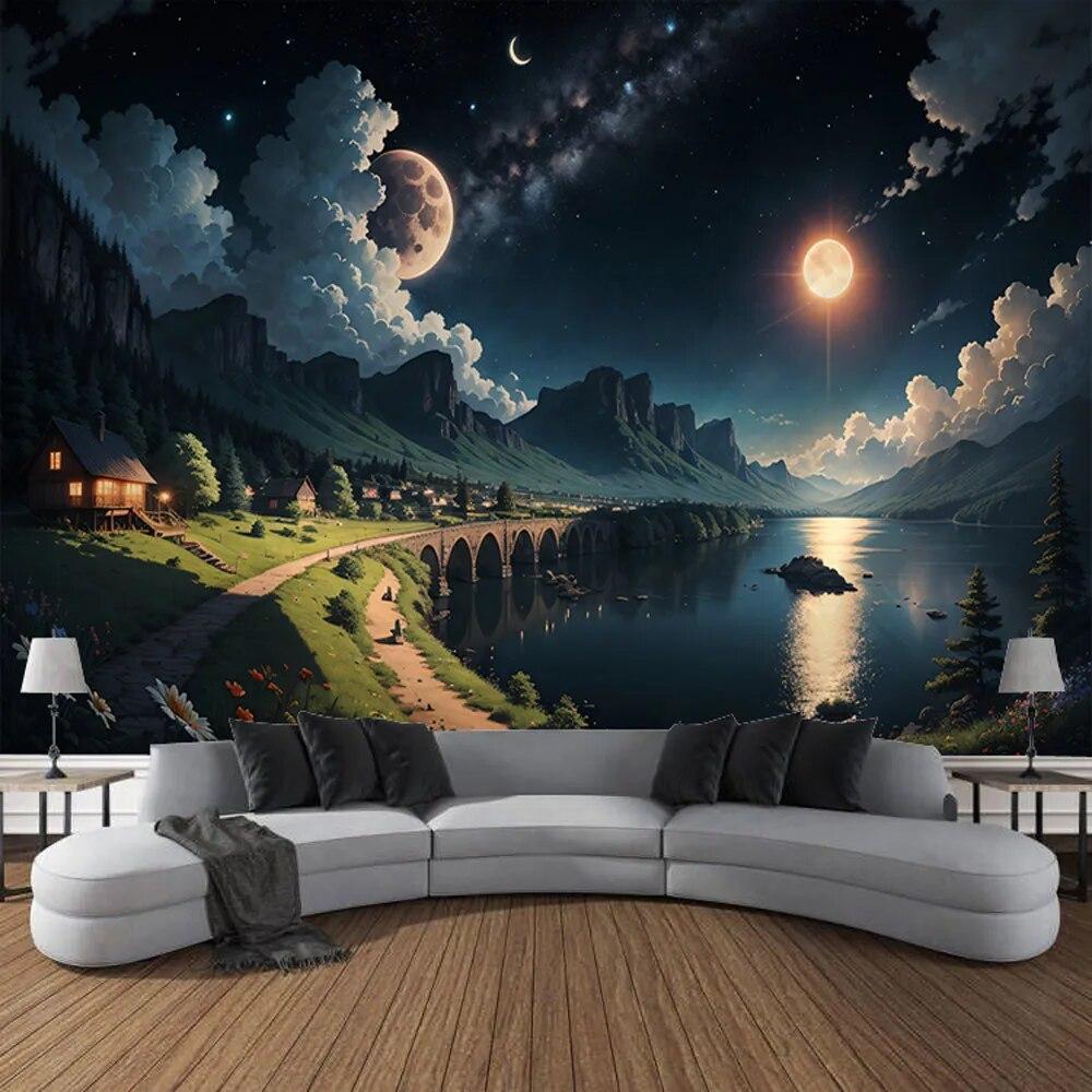 Lua planeta céu estrelado cenário parede tapeçaria arte decoração pendurado pano cortina quarto sala de estar decoração casa
