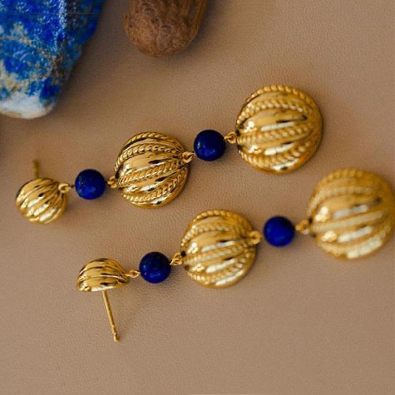 High Quality Long Earings Round Ancient Gold Craftsm Retro Lapis Lazuli Earrings for Women Fashion Exaggerated Wedding Jewelry