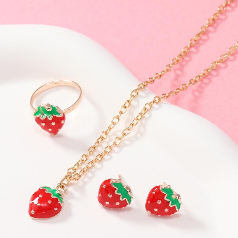Kawaii Red Strawberry Enamel Jewelry Set 3Pcs Necklace Earrings Ring Hypoallergenic for Girls Party Wear Gifts