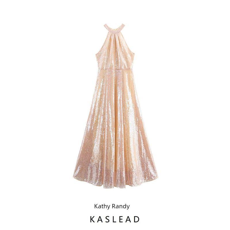 Kaslead New Women Clothes Western Style Fashion Simple Sequins Hanging Neck Temperament Long Dress