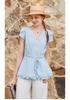 Fragrant blue linen lightweight shirt for women, 2026 summer new style French V-neck shirt, slim fit waist pinching top