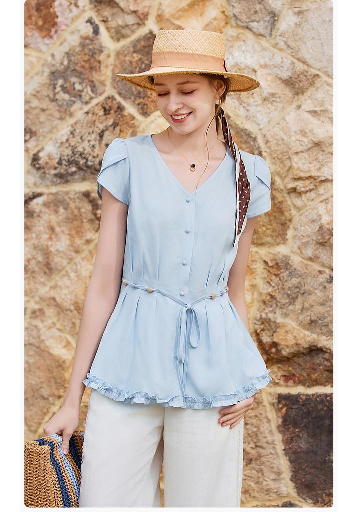Fragrant blue linen lightweight shirt for women, 2026 summer new style French V-neck shirt, slim fit waist pinching top
