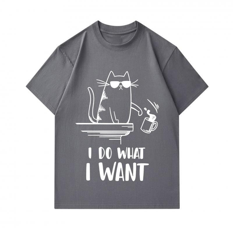Men's 100% Cotton Crew Neck Short Sleeve T-Shirt, Cool Sunglasses Cat Slapping Mug Print Casual Loose Tees, I Do What I Want Graphic Summer Breathable