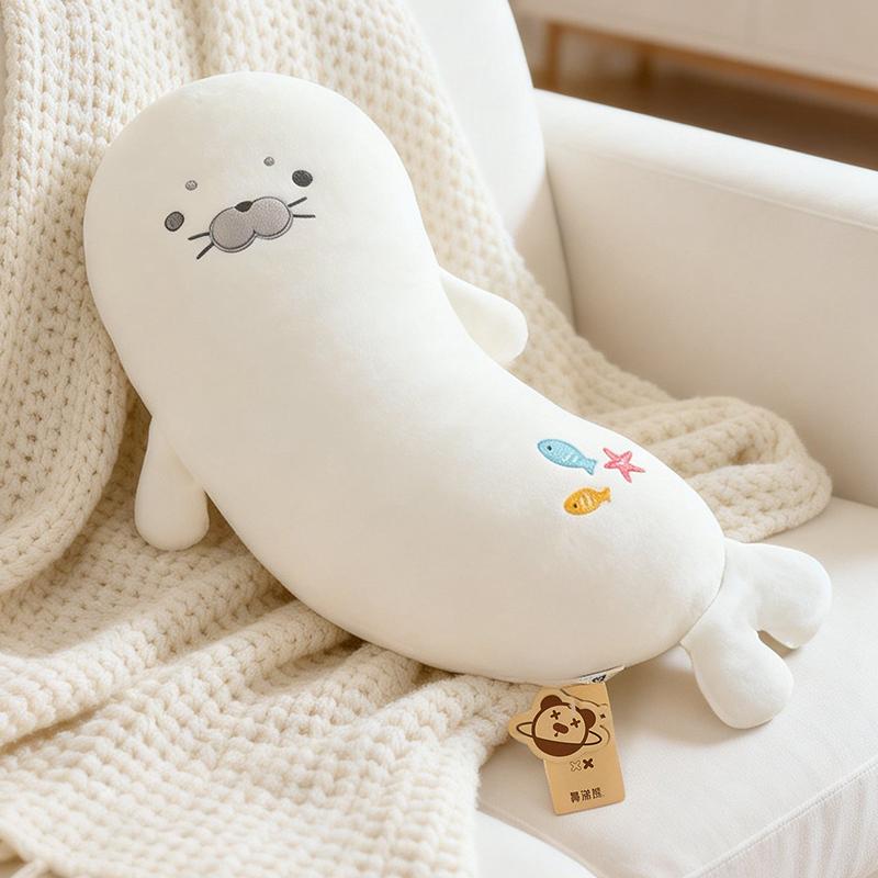 Jouets Peluches Animaux Marins Frais d'Été Coton Rempli Phoque Dauphin Poisson Poupée Oreiller Jeté Respirant Confortable pour Dormir Décoration Intérieure Kawaii 60cm white