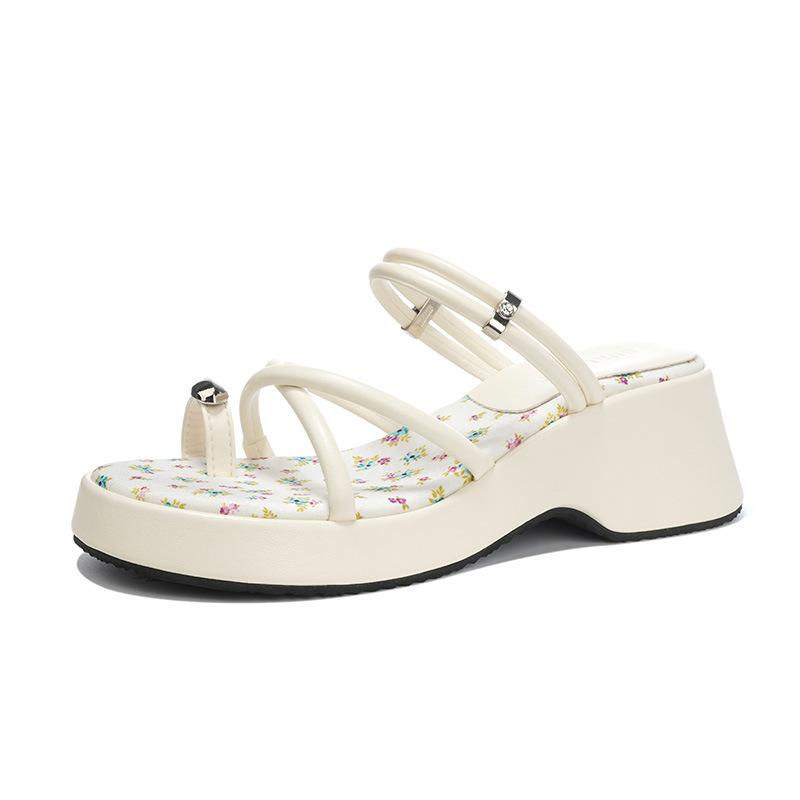 Small Fresh Toe Square Head Floral Sandals Women's Summer New Slope Heel Cool Slippers Women