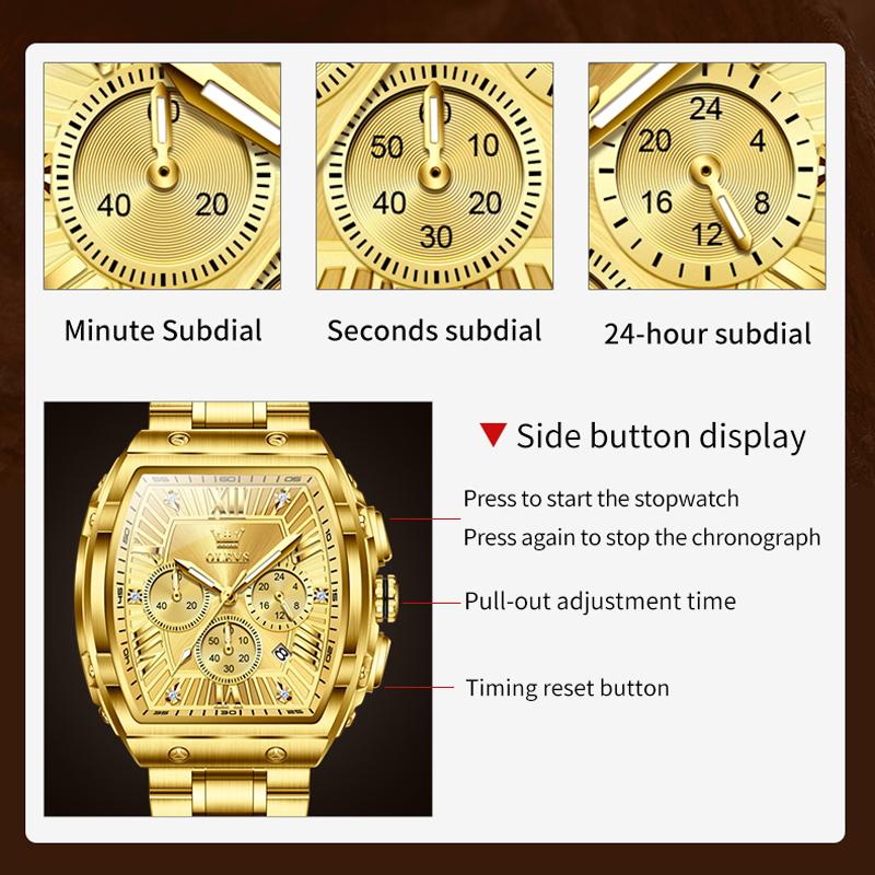 Tonneau Chronograph Men's Watches 30m Waterproof Quartz Original Wristwatch Stainless Steel Luminous Watch
