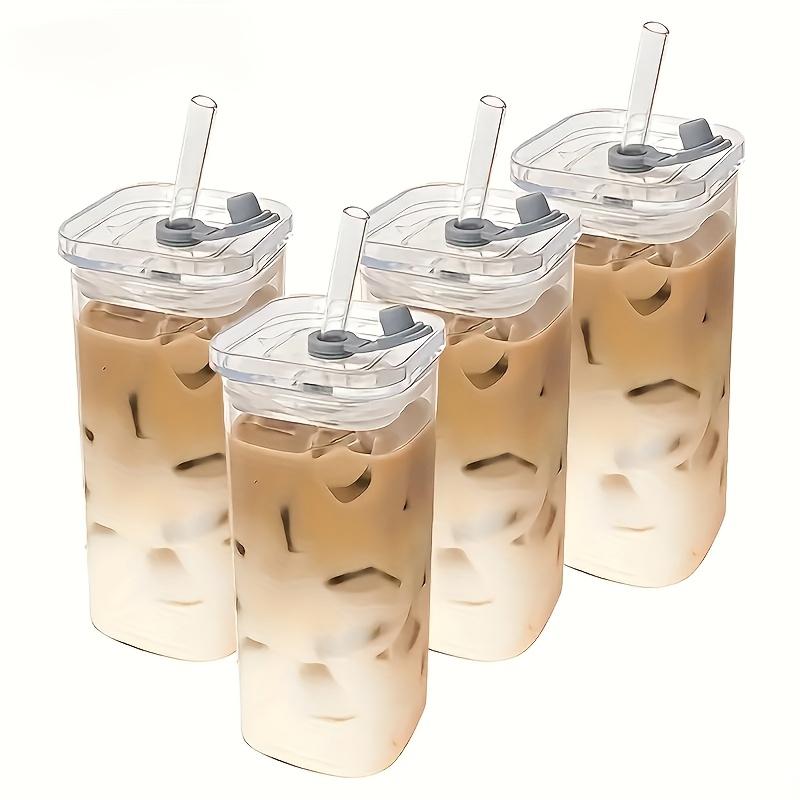 2/4pcs Square Glass Coffee Mugs with Lids and Straws, Reusable Drinking Cups with Glass Covers, Ideal for Coffee, Tea, Home, Office, School