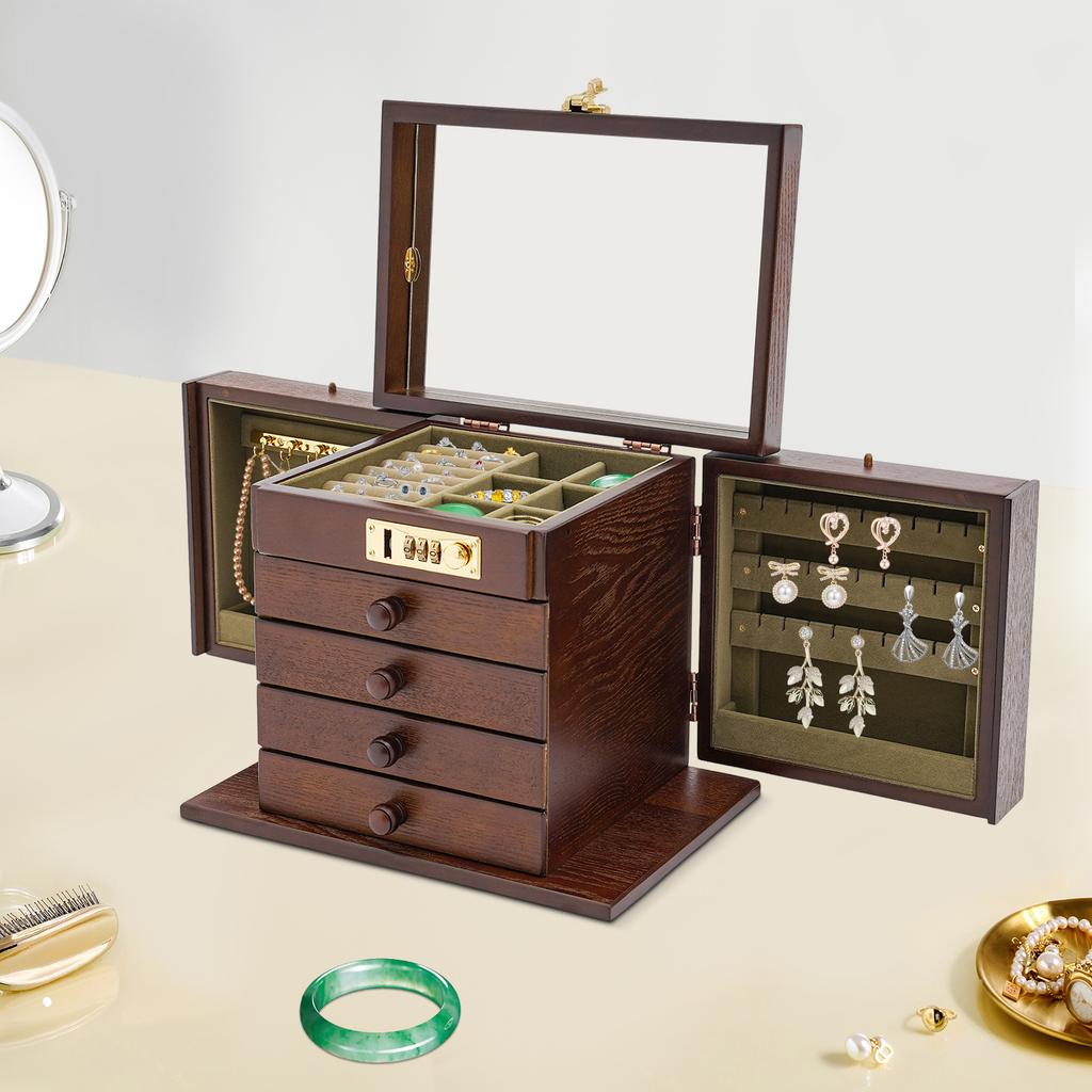 Rustic Jewelry Storage Organizer Box with Combination Lock, Tabletop 10.8x7.5x9 Inches, Multi-Compartment for Rings Earrings