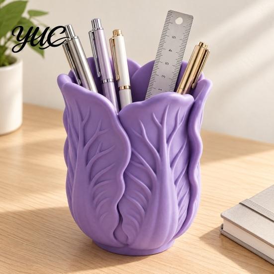 Vivid Leaf Texture Pen Cup Cabbage Shape Holder, 3D Print PLA Makeup Brush Organizer, Decorative Storage for Dressing Tables Stable Base Stationery
