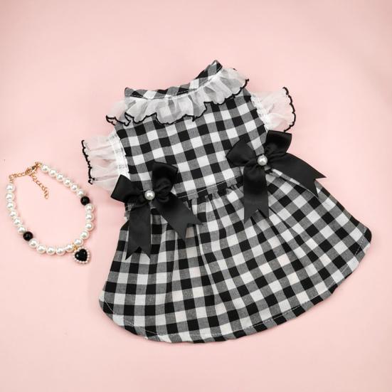 Yousheng Dog Dress Round Neck Lace Patchwork Fake Pearls Decor Plaid Print Pet Dog Cat Princess Dress Daily Wear