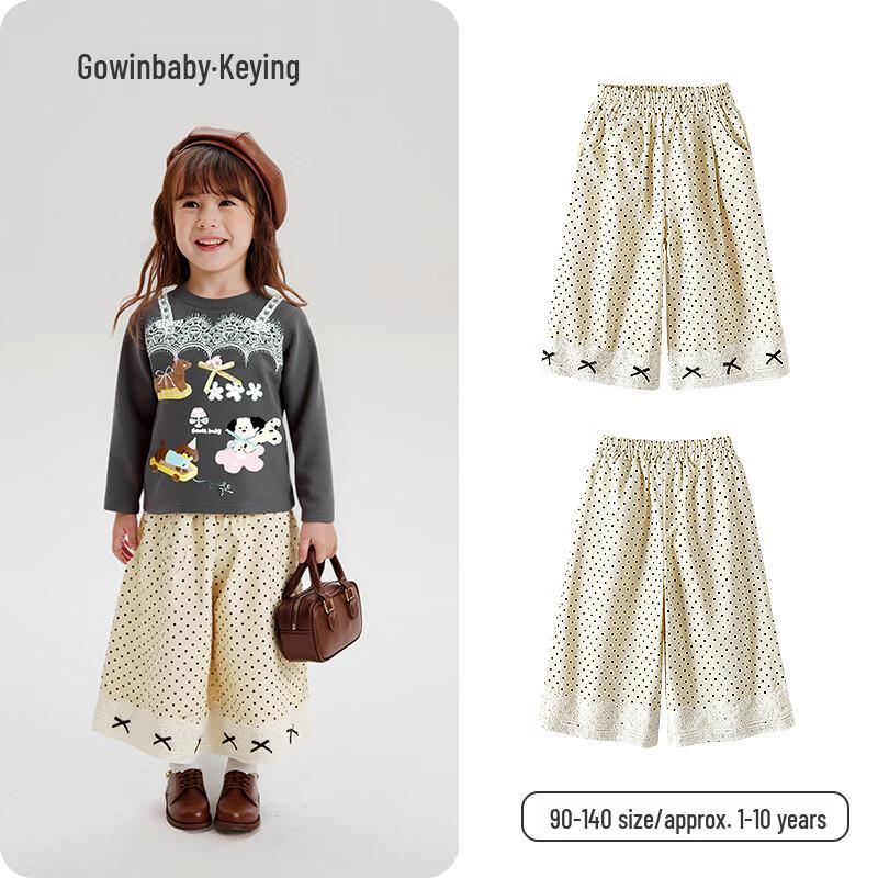 Girls' Spring Polka Dot Lace Wide-Leg Pants