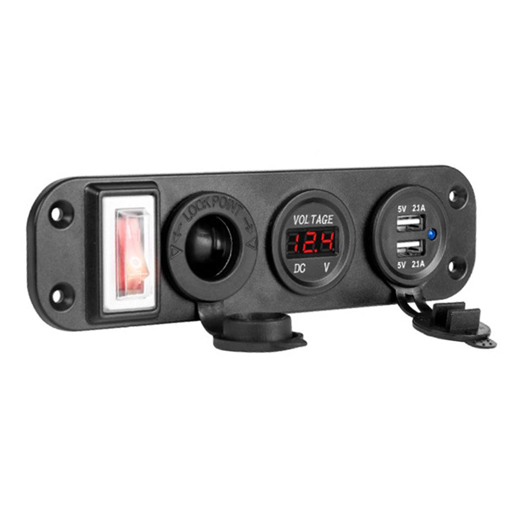 Car USB Socket Panel with Dual USB Charger Voltmeter and Power Outlet Waterproof for Vehicle Marine RV Digital Devices