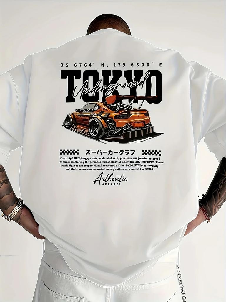 Men's Tokyo Pattern T-shirt - Back Printed Drift Racing Design Street Style Shirt Anime Theme Top Car Illustration Shirt