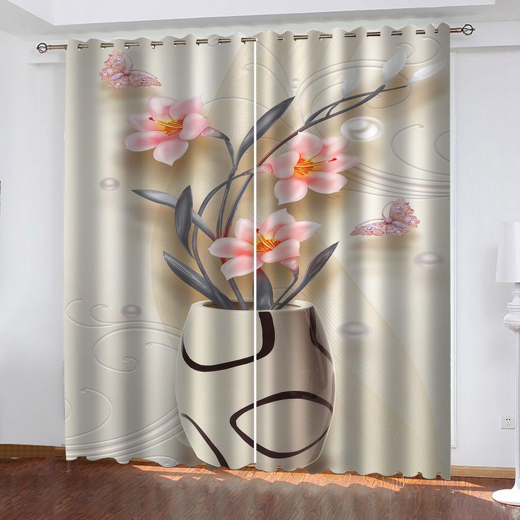 Curtains For The Home 2Pcs 3D Fashion Vase Printed Curtains For Noise Reduction, Privacy In Teenager'S Bedroom And Living Room