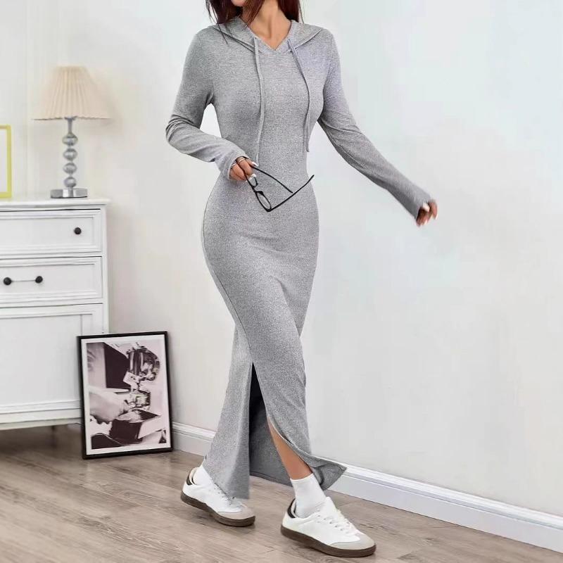 2026 Fashion Hooded Sweatshirt Dress with High Waist Slit Casual Hoodie Long Dresses Solid New Spring Autumn Slim Wrapped Party Dress