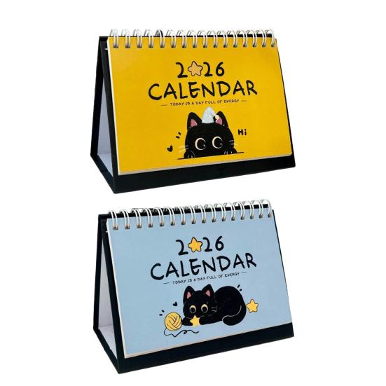 Cat Desk Calendar 2026 Cute Desktop Standing Flip Calendar with Cartoon Black Cat for Home Office Study Workstation