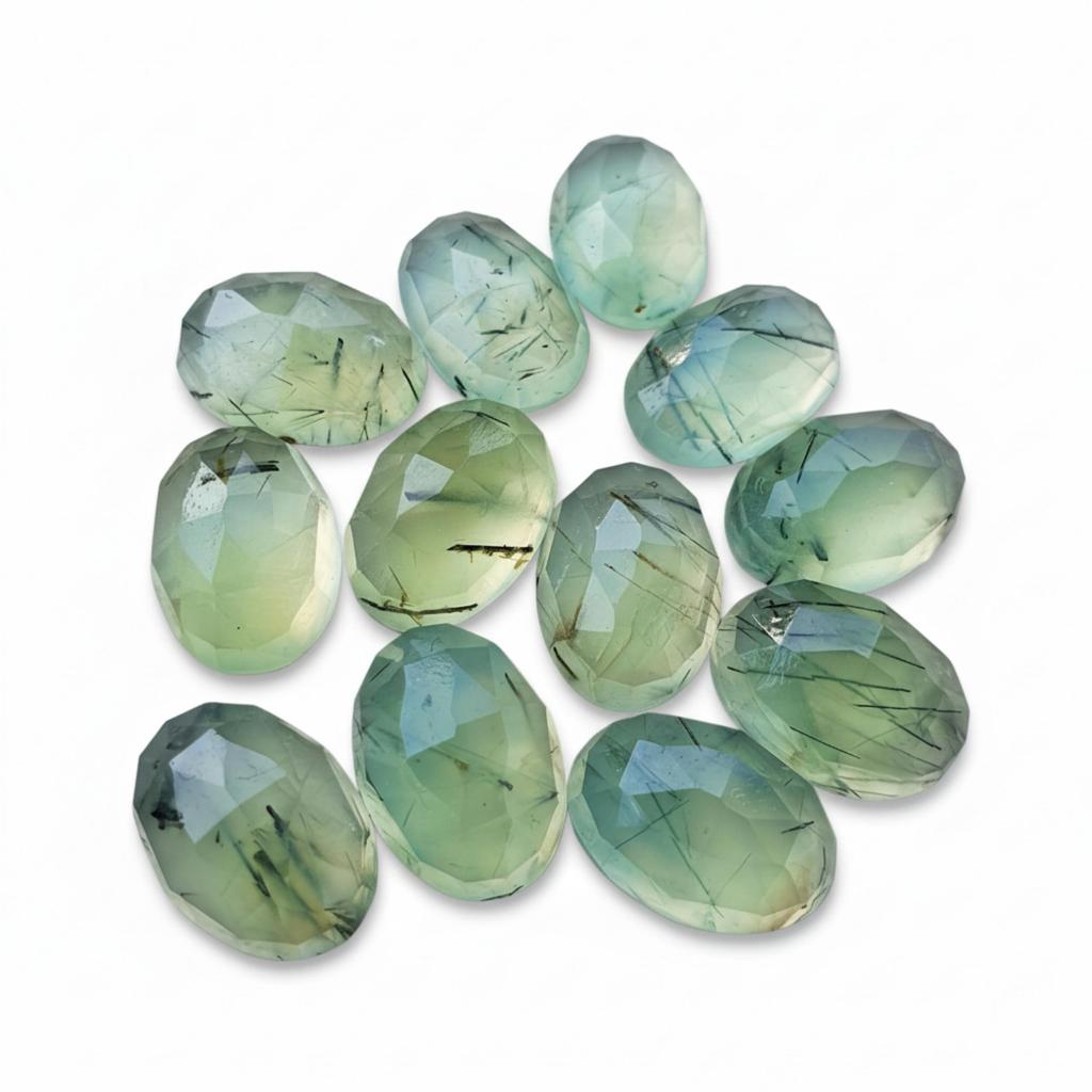 Natural Prehnite Oval Faceted Gemstones, Green Prehnite Cabochon Cut Stones, Included Prehnite Gems, Jewelry Making Supplies