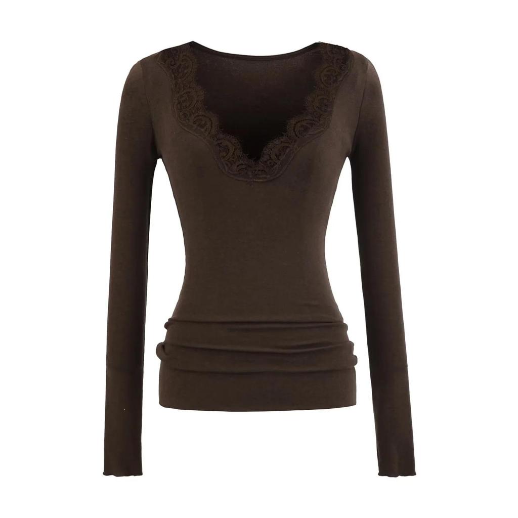 T-shirt da donna a manica lunga in pizzo con scollo a V, vestibilità slim, per Autunno/Inverno