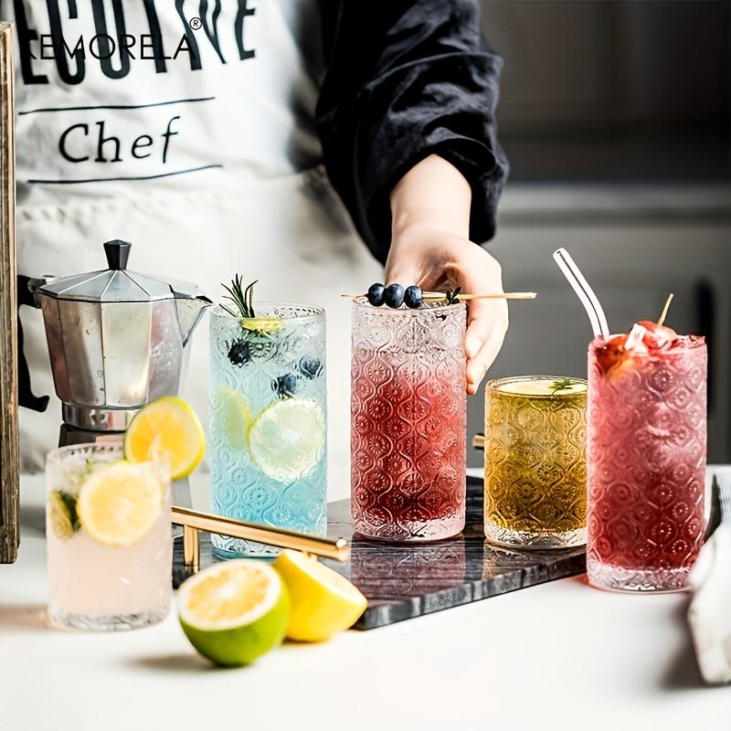 4PCS 400ML Round Glass Cups Vintage Glassware Embossed Pattern Style Transparent Cocktail Glasses Set For Bar Beverages Coffee