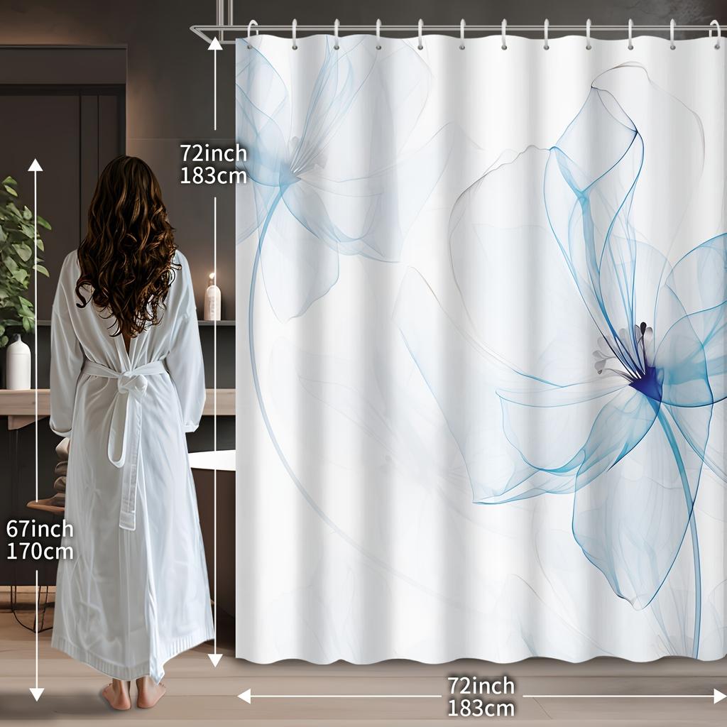 Blue Abstract Flower Shower Curtain Minimalist Design Elegant Bathroom Decor Water Resistant Fabric Bath Curtain Set Modern Home