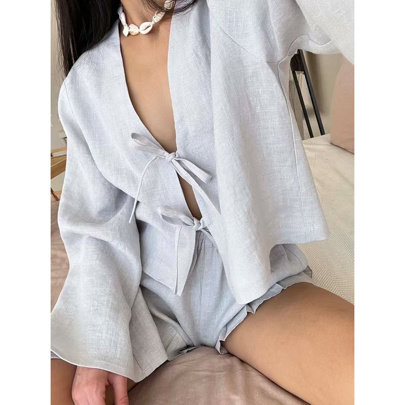 

Western Style Fashion Casual Lace-up Cardigan Top Shorts Set Lace up Top and Shorts Set Grey L