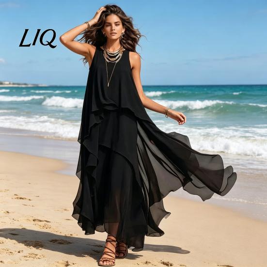Fat Hiding Loose Dress Women's Flowy Chiffon Dress, Sleeveless Crew Neck Asymmetrical Hem Plus Size Holiday Long Summer Layered Cocktail Wedding Guest