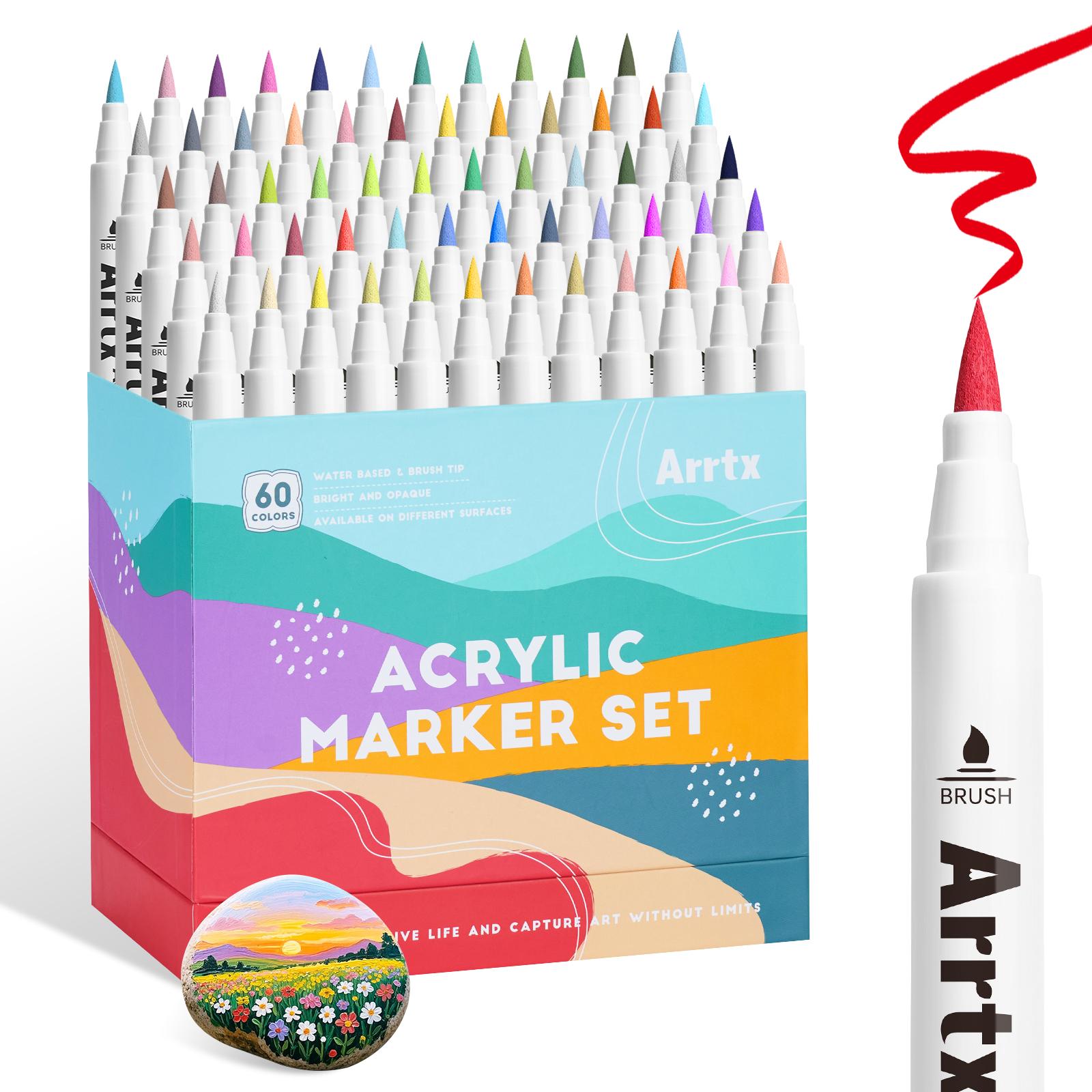 Arrtx 12/36/48/60/90 Kleuren Acryl Markers voor Rots Schilderen, Verf Markers met Penseelpunt, Kunstbenodigdheden, Stof Verf Markers