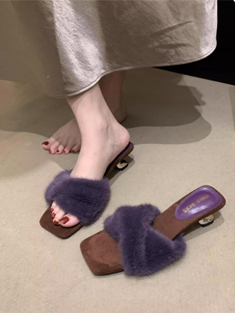 High heels French temperament purple fluffy slippers women's outer wear 2025 new autumn one-word plush cotton slippers