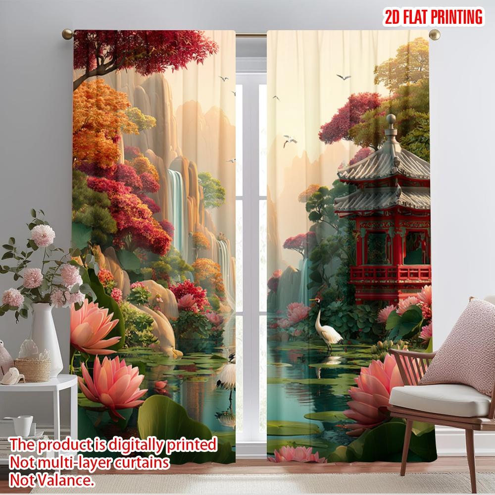 

2pcs 2D flat printing Window Curtains Beautiful Crane Lotus Pagoda Landscape 100% Polyester Fabric Without Electricity Party 100*130 HOOK 1pcs