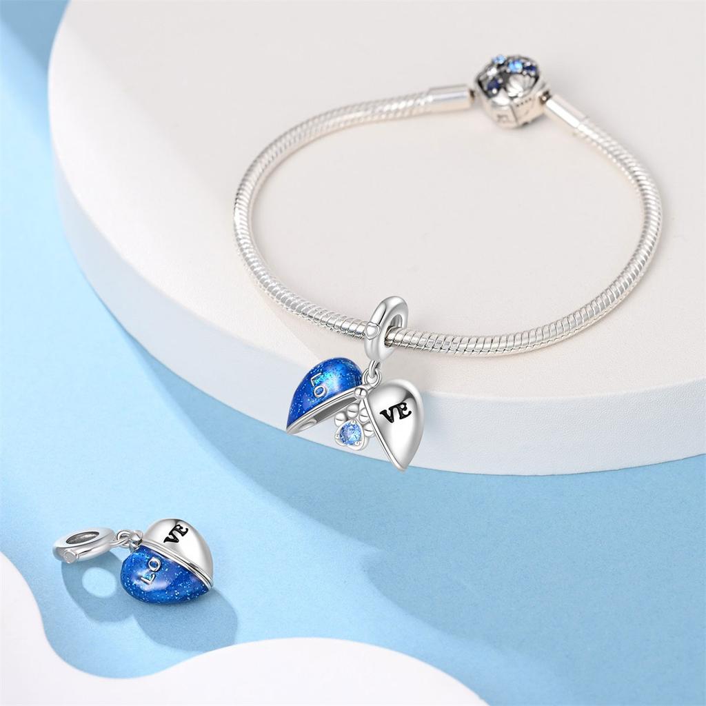 Original Charms Copper Plated Blue Heart Pendant Beads Fit Arm Bracelet Women Fashion Jewelry Making Handmade DIY Gift