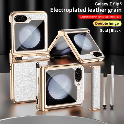 Luxusní PU kůže Tvrdý PC Elektroplátovaný Rám 2 Závěsy Ochranný Kryt Pro Samsung Galaxy Z Flip 6 5 4 3 5G Pouzdro s Dotykovým Perem