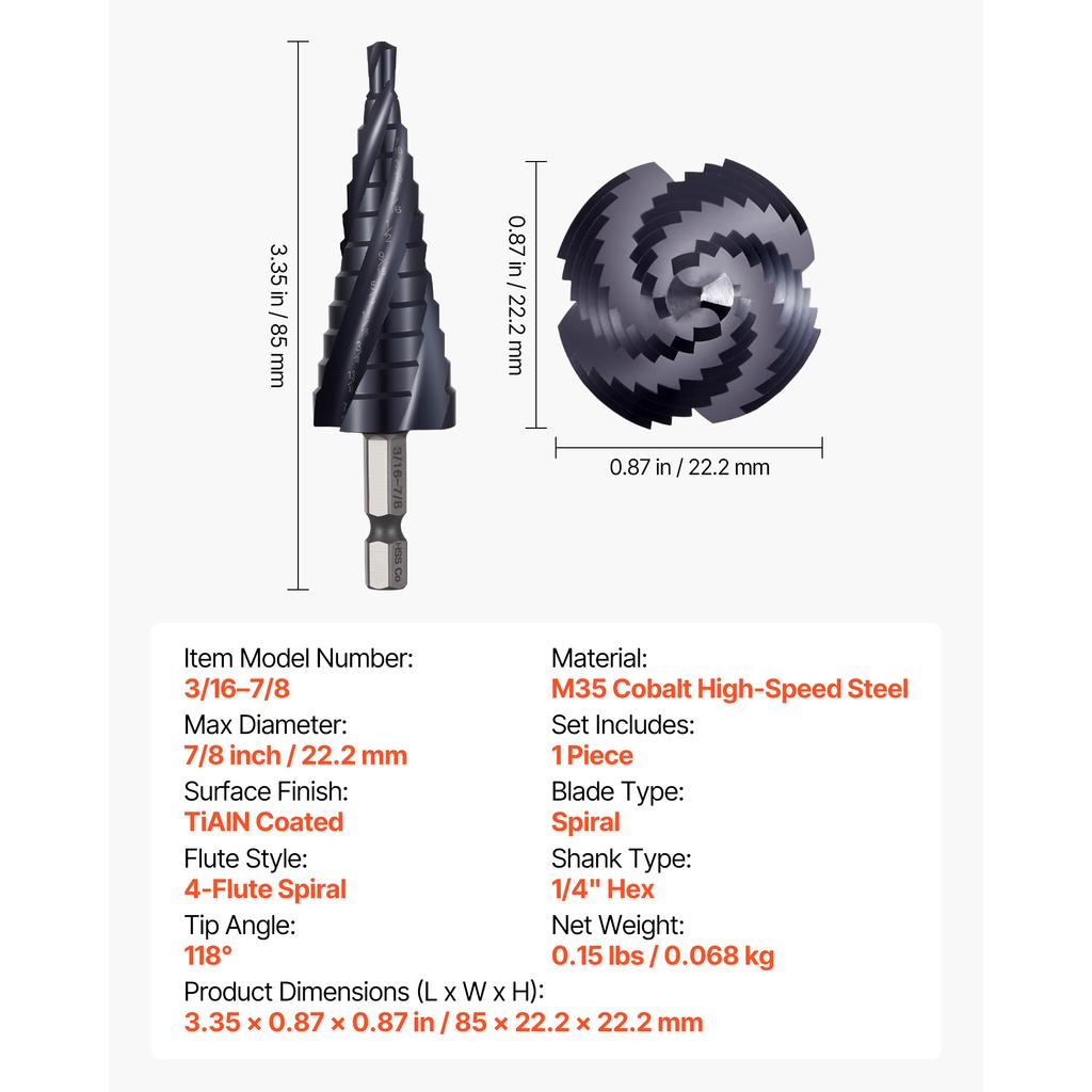 SucceBuy Step Drill Bit TiAlN Coating Cobalt HSS High Speed Steel Four Spiral Flute Step Bit for Metal Stainless Steel Aluminum