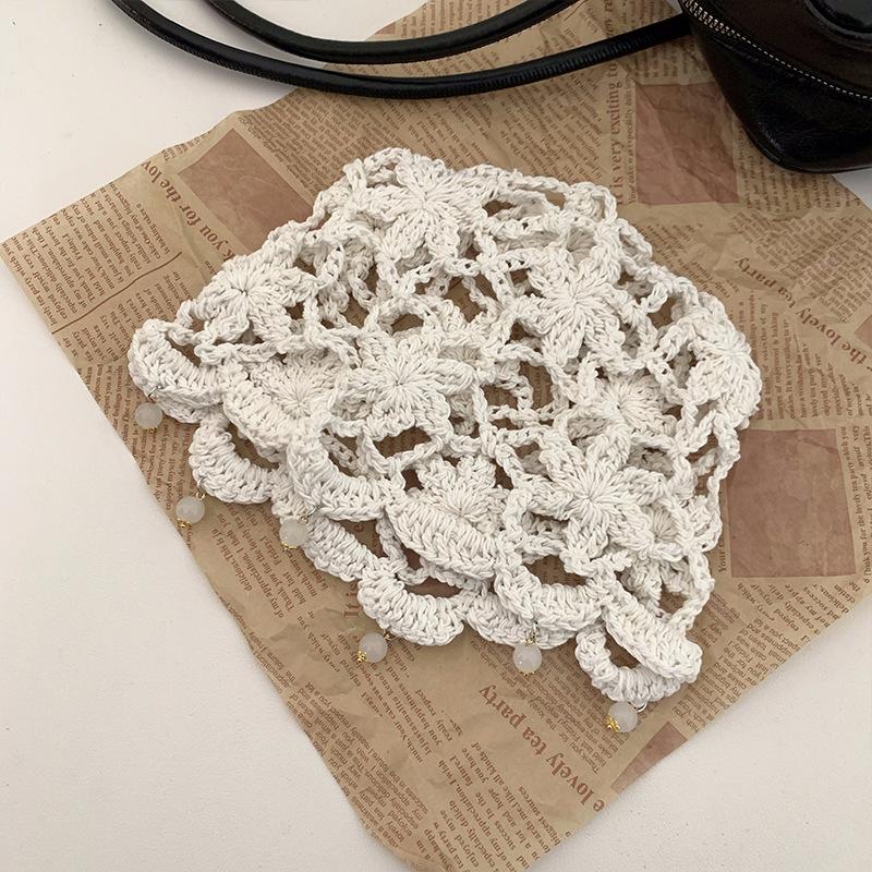 Women's Spring and Summer New Hand Woven Hollowed Head Hat Breathable Hook Flower Pearl Pendant Small Pull Head Hat