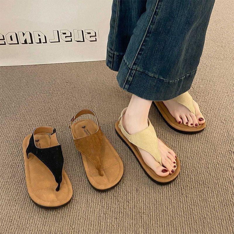 With skirt one-word strap Roman shoes toe beach shoes 2025 summer new beautiful herringbone sandals women's outer wear