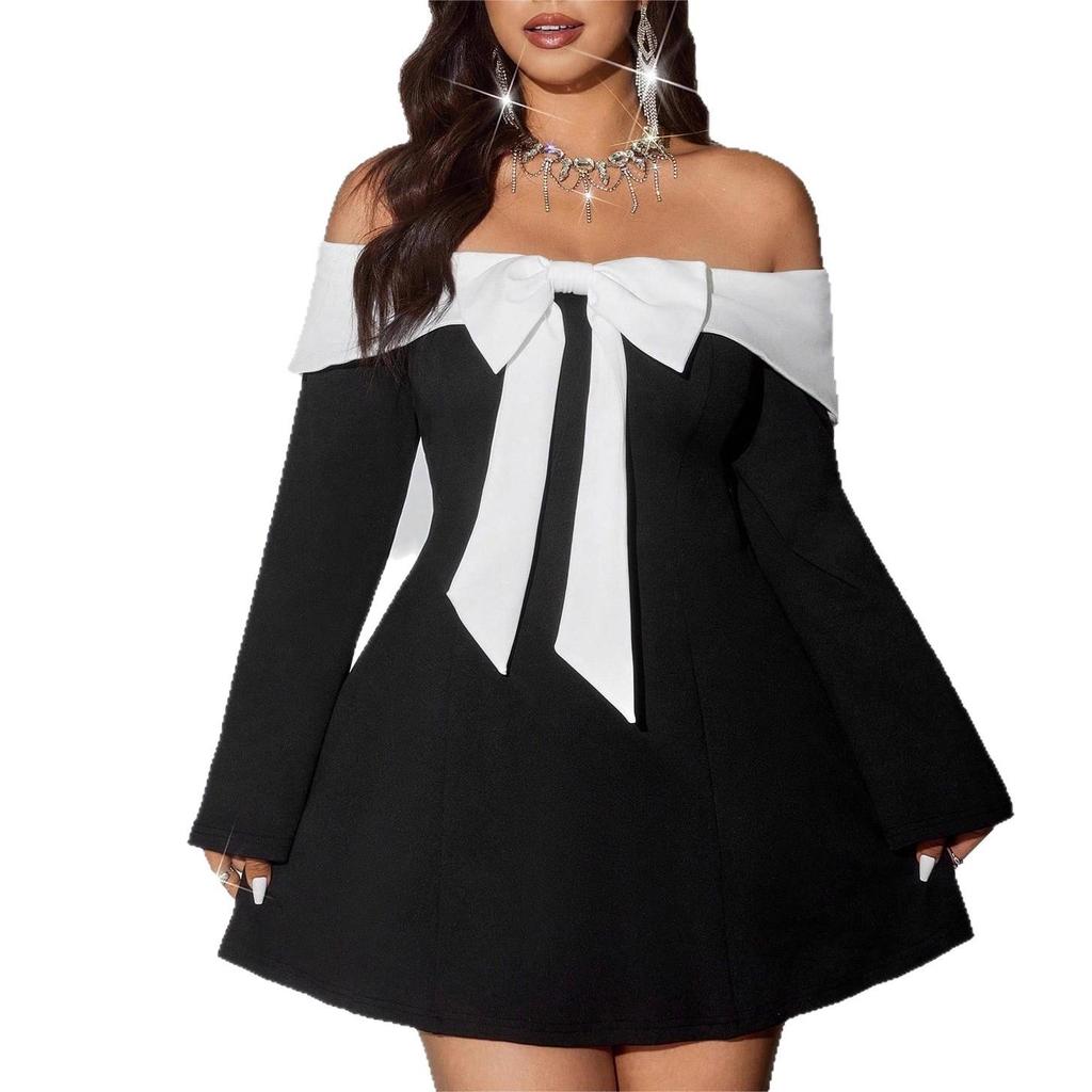European & American One-Shoulder Black & White Dress with Large Bow & Bell Sleeves – Slimming Hot Girl Style