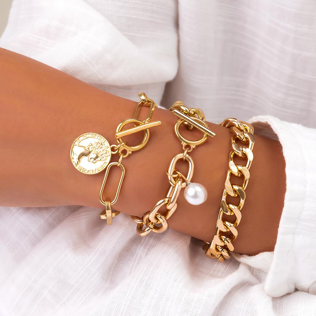 Sweet And Cool Multi-Portrait Imitation Pearl Bracelet Set, Personalized Cross Chain Jewelry For Women