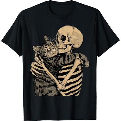Skeleton Hugging Cat Halloween Cat Lover Cat Mom Dad T-Shirt