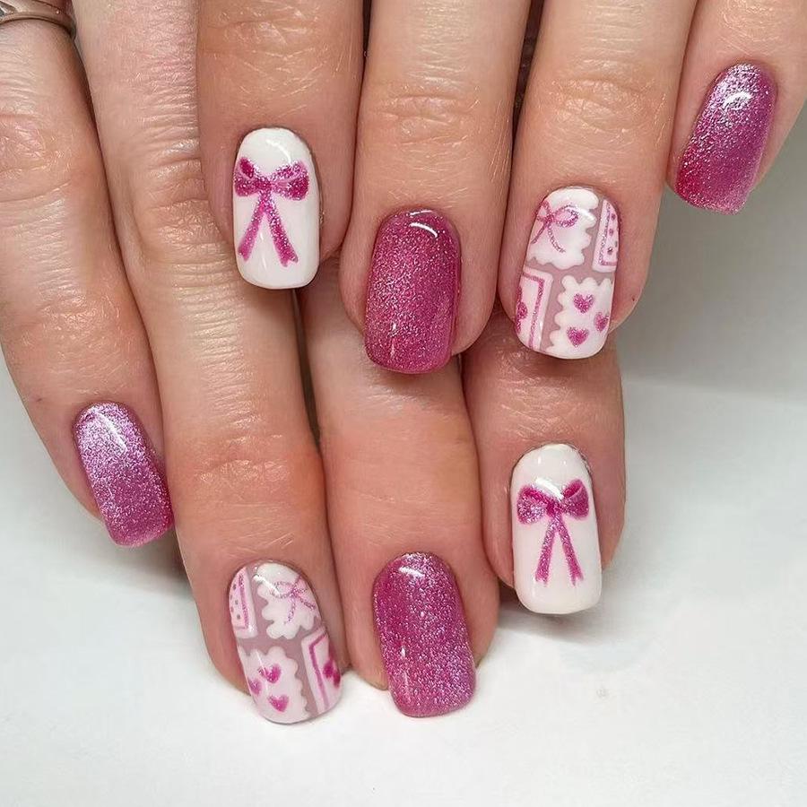 

Medium Square Glossy Spring Nails with Bow, Heart, Glitter Design - Cute, Simple, Girly