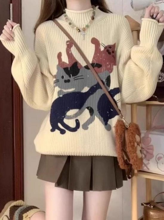 Damenpullover mit Katzenprint und Umschlagsaum - Herbst/Winter 2025 Amerikanischer Lässiger Stil, Rundhalsausschnitt, Lockerer Stricktop für Kleinwüchsige.