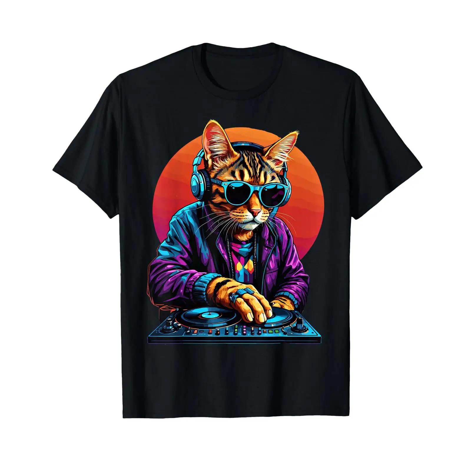 

Cat DJ Techno Turntable EDM Electronic Dance Music T Shirt black vintage Washed Top For Everyday Wear Unisex Versatile Soft S разноцветный