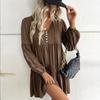 Women's Fashionable Color Long Sleeved V-neck Pleated Casual Loose Dress