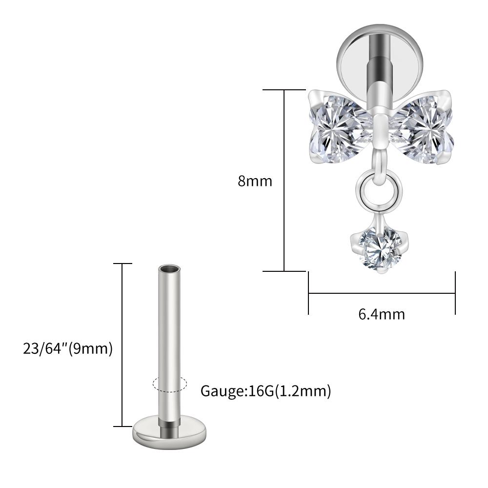 Right Grand ASTM F136 Titanium Bow Dangle CZ Piercing Labret Stud 16G Flat Back Helix Tragus Cartilage Earring Bridal Jewelry