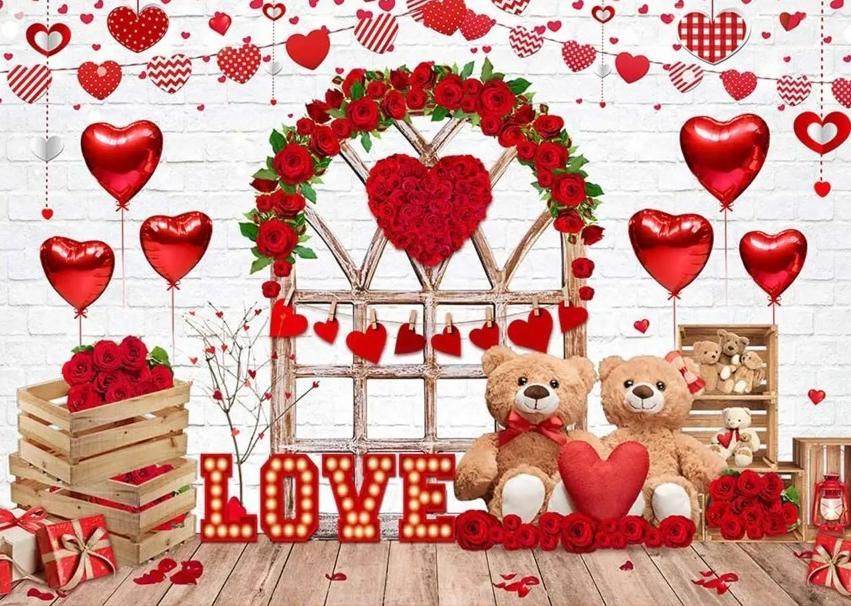 Valentine s Day Red Rose Brick Wall Wooden Door Theme Banner Backdrop Romantic Valentine s Day Decoration Photography Backdrop Vinyl 75X50cm